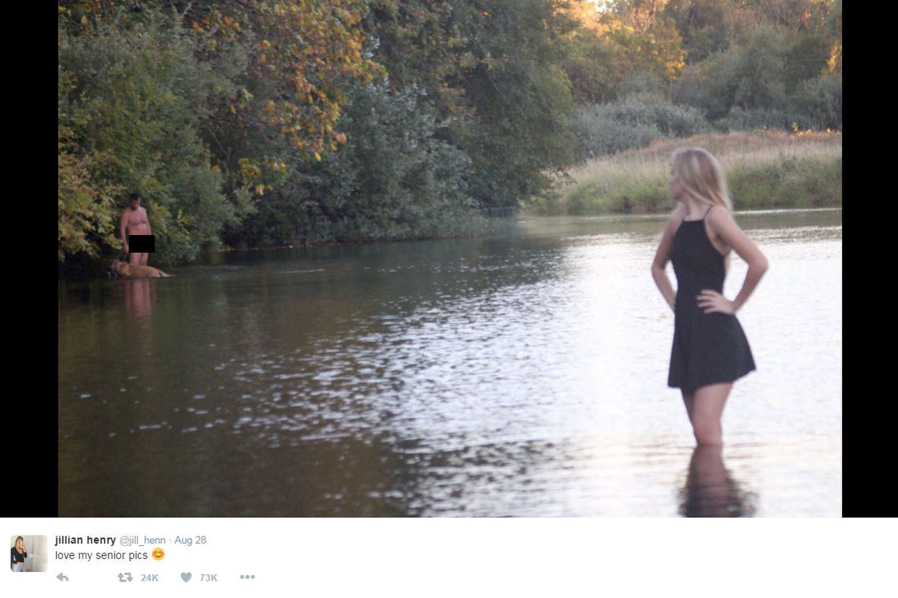 Girl's senior pictures photobombed by naked man and his dog