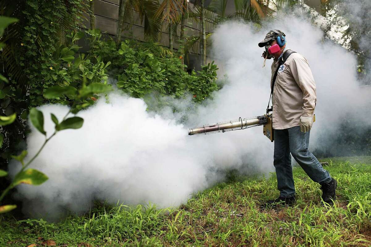 Zika virus comes in waves. In this photo: A worker sprays pesticide to kill mosquitoes in Miami.