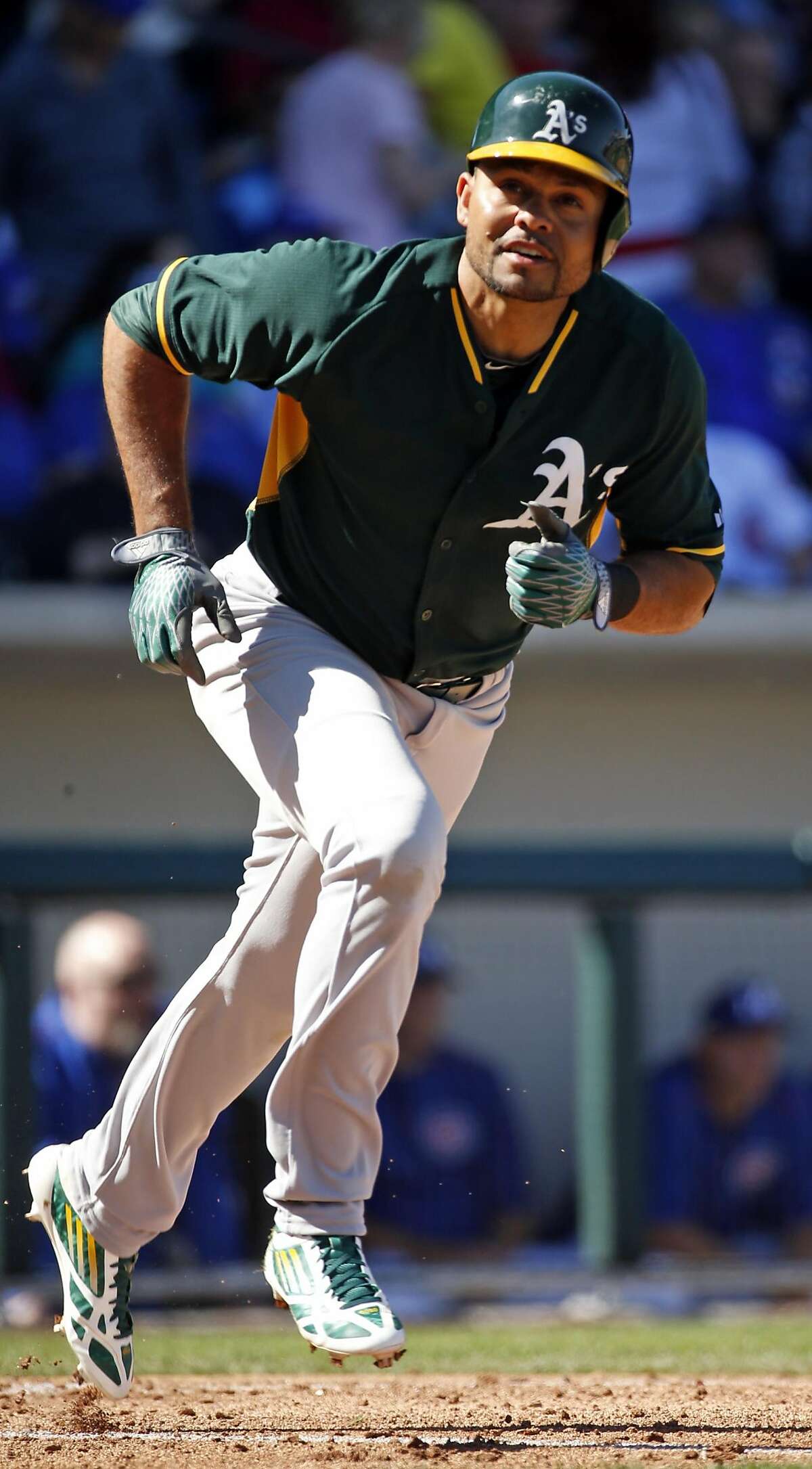 Oakland Athletics' Coco Crisp pops out in 4th inning against Chicago Cubs in Spring Training Cactus League game at Sloan Park in Mesa, Arizona, on Thursday, March 5, 2015.