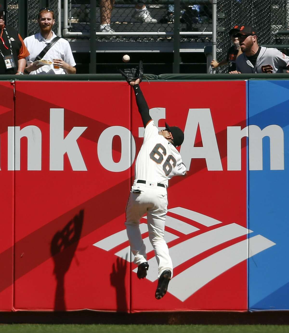San Francisco Giants' Gorkys Hernandez catches a deep drive off the bat of Arizona Diamondbacks' Paul Goldschmidt in 6th inning during MLB game at AT&T Park in San Francisco, Calif., on Wednesday, August 31, 2016.