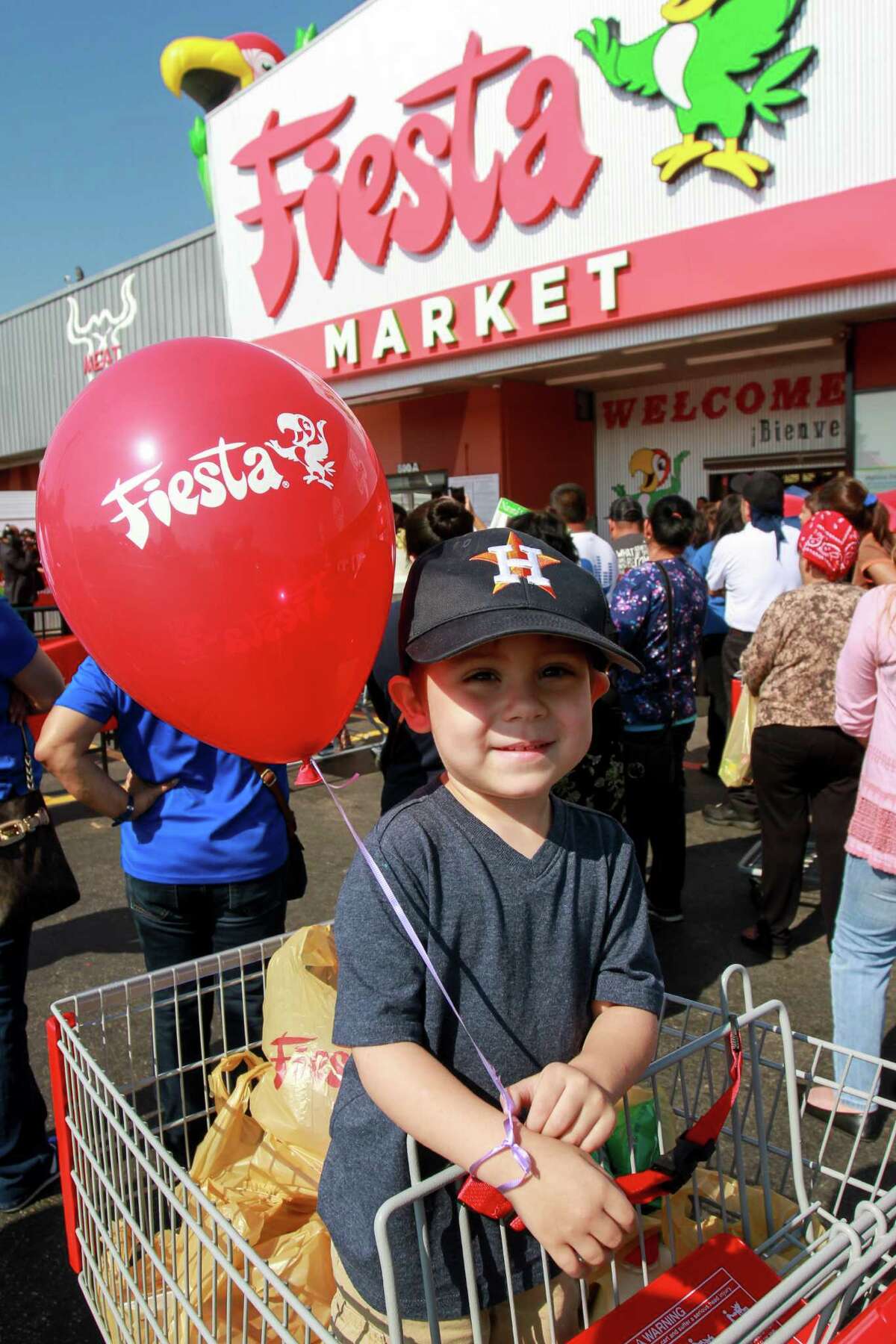 Three-year-old Mikey Gonzales at the grand re-opening of the Fiesta on Wayside Drive. Fiesta has invested in the store, redesigning and updating its appearance and layout, the first of several planned upgrades at the chain's stores. Mikey was with his mother, Letty Gonzales. (For the Chronicle/Gary Fountain, August 31, 2016)
