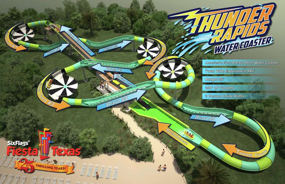 On Sept. 1, 2016, Six Flags Fiesta Texas unveiled its 924-foot-long, three-story Thunder Rapids rocket blast water coaster slated to open in 2017. The coaster has an inline raft powered by water jet propulsion technology, five uphill blasts, four flying saucer turns and one dive turn, according to a news release. The theme park operator is touting the new coaster as the first-of-its-kind in the United States.
