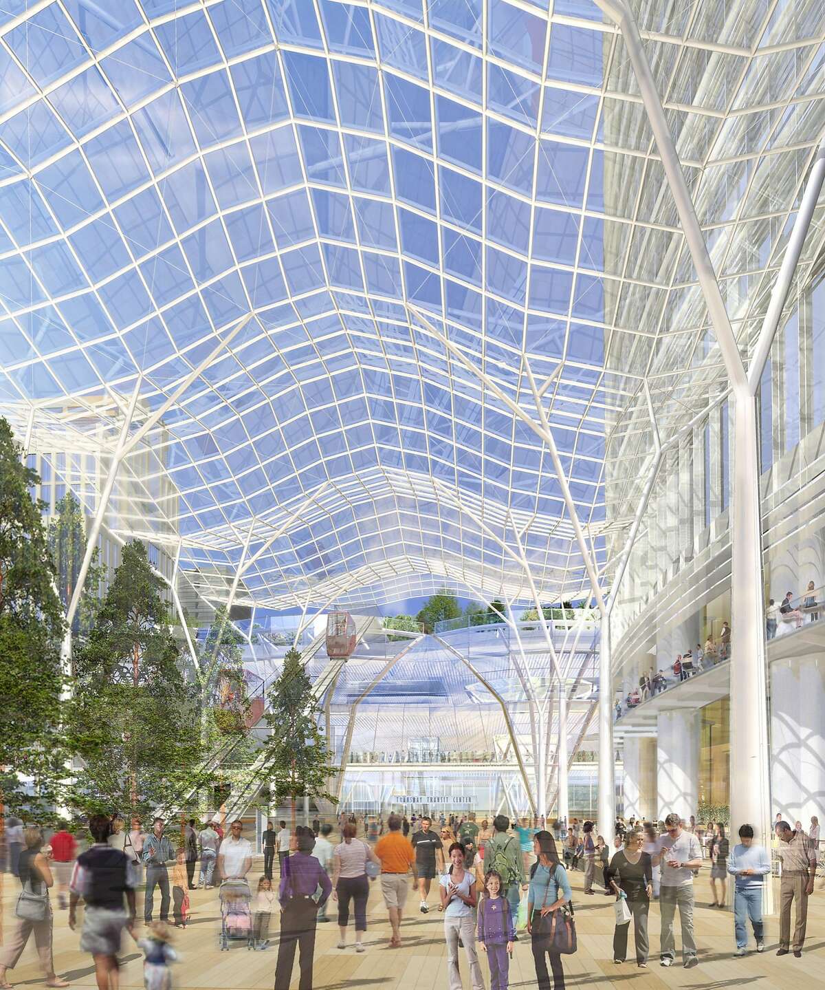 The original design for the plaza at Mission and Fremont streets, from the entry for the competition held by the Transbay Joint Powers Authority. The design team was Pelli Clarke Pelli Architects and PWP Landscape Architecture. Several elements, such as the canopy and second-floor retail, had been removed by the time the project was approved in 2012.