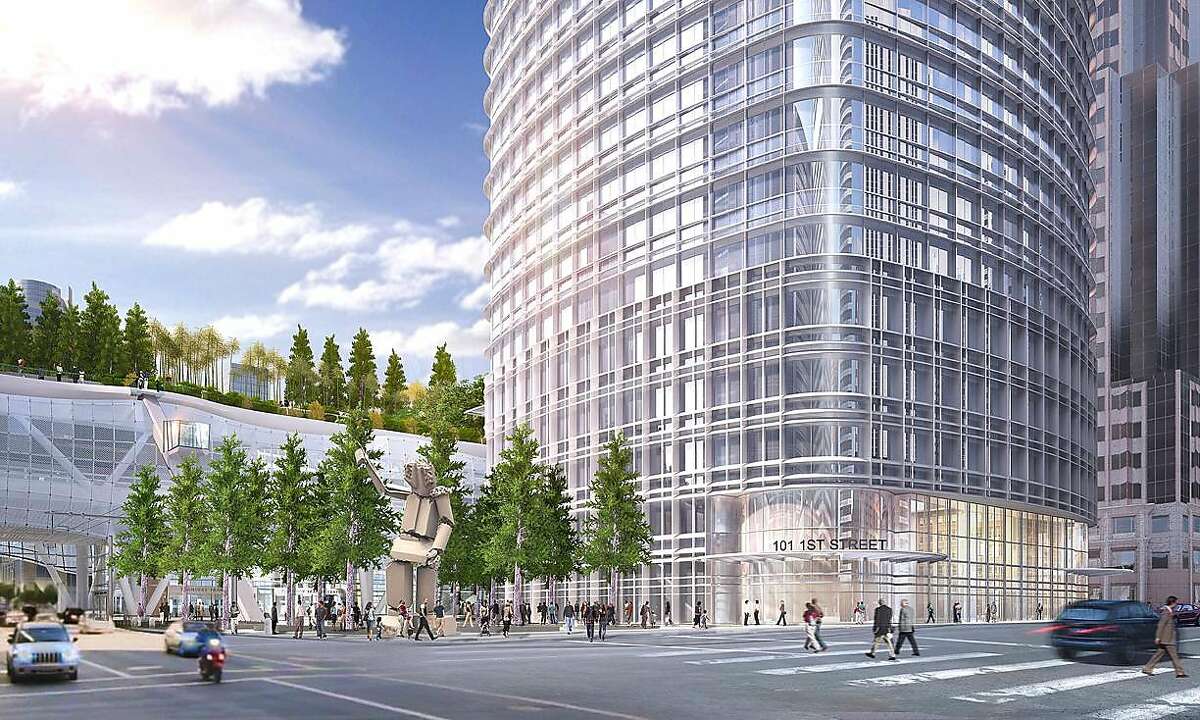 The design of the 1,070-foot tower proposed for the corner of First and Mission streets has been refined to provide access to the rooftop park planned for the Transbay Terminal, including a diagonal elevator (left). The project, which has been in the works since 2007, is scheduled to go to the Planning Commission in October for final approvals.