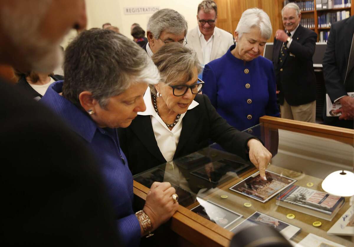 UC President Janet Napolitano (l to r), Senator Barbara Boxer and interim Executive Vice Chancellor and Provost Carol Christ look over items from Senator Barbara Boxer's archive displayed at UC Berkeley's Bancroft Library on Thursday, September 1, 2016 in Berkeley, California.