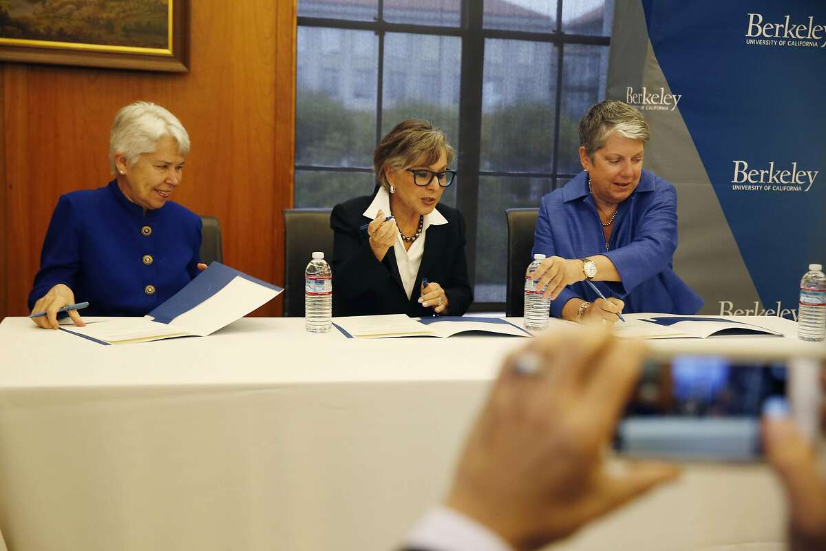 Then-Interim Executive Vice Chancellor and Provost Carol Christ, (l to r) Senator Barbara Boxer and UC President Janet Napolitano sign papers at UC Berkeley's Bancroft Library after Senator Barbara Boxer announced that she will donate her archive at the end of her term to UC Berkeley's Bancroft Library on Thursday, September 1, 2016 in Berkeley, California.