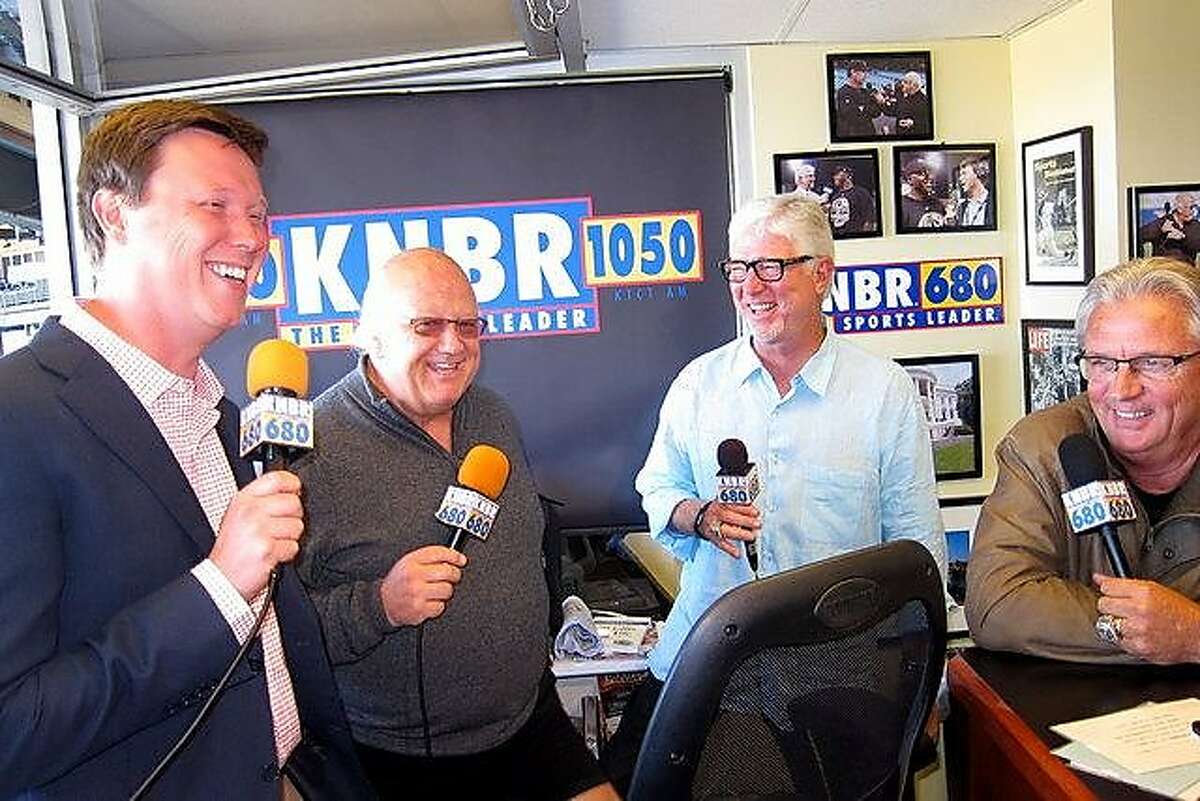 Sportscasters Dave Flemming, Jon Miller, Mike Krukow, Duane Kuiper in the KNBR broadcast booth at AT&T Park.