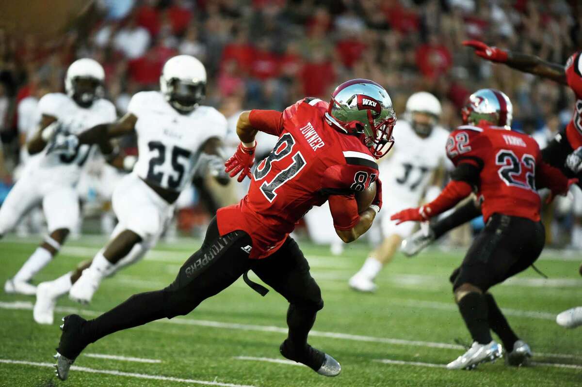 Western Kentucky wide receiver Kylen Towner (81) runs the ball during the first half of an NCAA college football game against Rice, Thursday, Sept. 1, 2016, in Bowling Green, Ky. (AP Photo/Michael Noble Jr.)