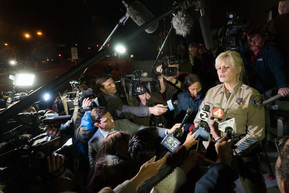 Sheriff Laurie Smith addresses the media before Brock Turner's release at the Santa Clara County Main Jail in San Jose, Calif. on Friday, Sept. 2, 2016. Turner was released early from jail after serving time for sexually assaulting a woman at Stanford.