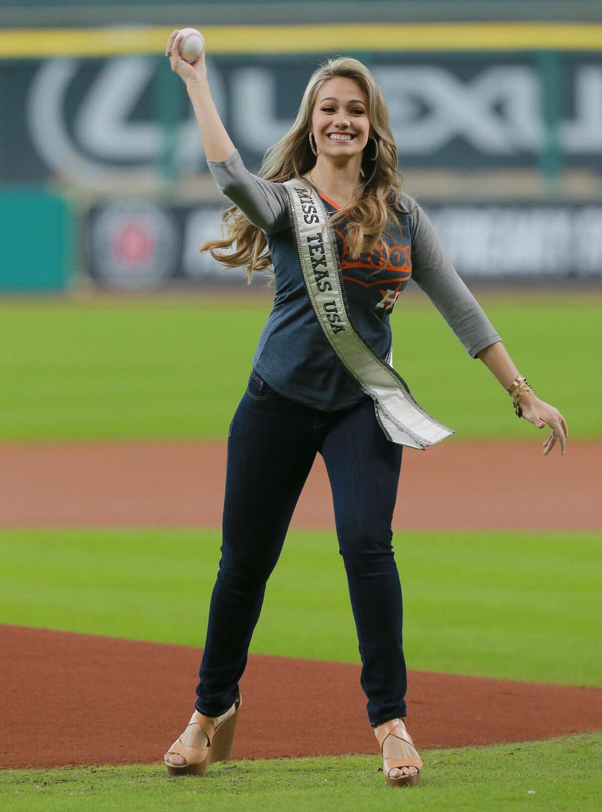 Miss Texas 2016 Daniella Rodriguez throws out ceremonial firtst pitch at Minute Maid Park on August 31, 2016 in Houston, Texas. Click through to see a few more photos of Miss Texas....