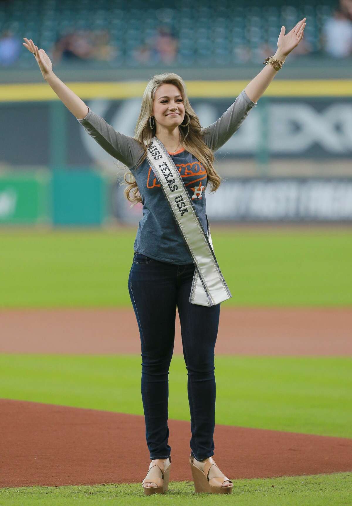Miss Texas 2016 Daniella Rodriguez throws out ceremonial firtst pitch at Minute Maid Park on August 31, 2016 in Houston, Texas.