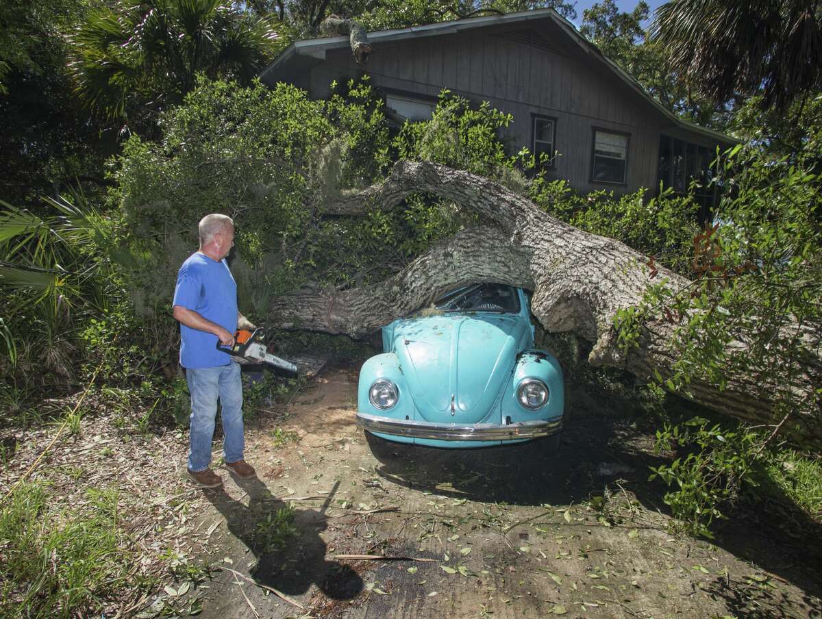 Tom Reams looks over a tree on top of his 15 year old daughter's Volkswagen Beetle and house cause by the wind and storm surge from Hurricane Hermine at Alligator Point, Florida September 2, 2016. Hermine made landfall as a Category 1 hurricane but has weakened back to a tropical storm. (Photo by Mark Wallheiser/Getty Images)
