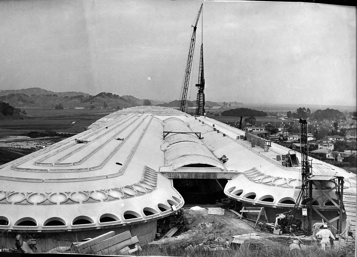The 172 foot tower is being hauled into place at Marin County Civic Center designed by Frank Lloyd Wright Photographed 012/14/1961 Photo ran 12/18/1961,P. 4