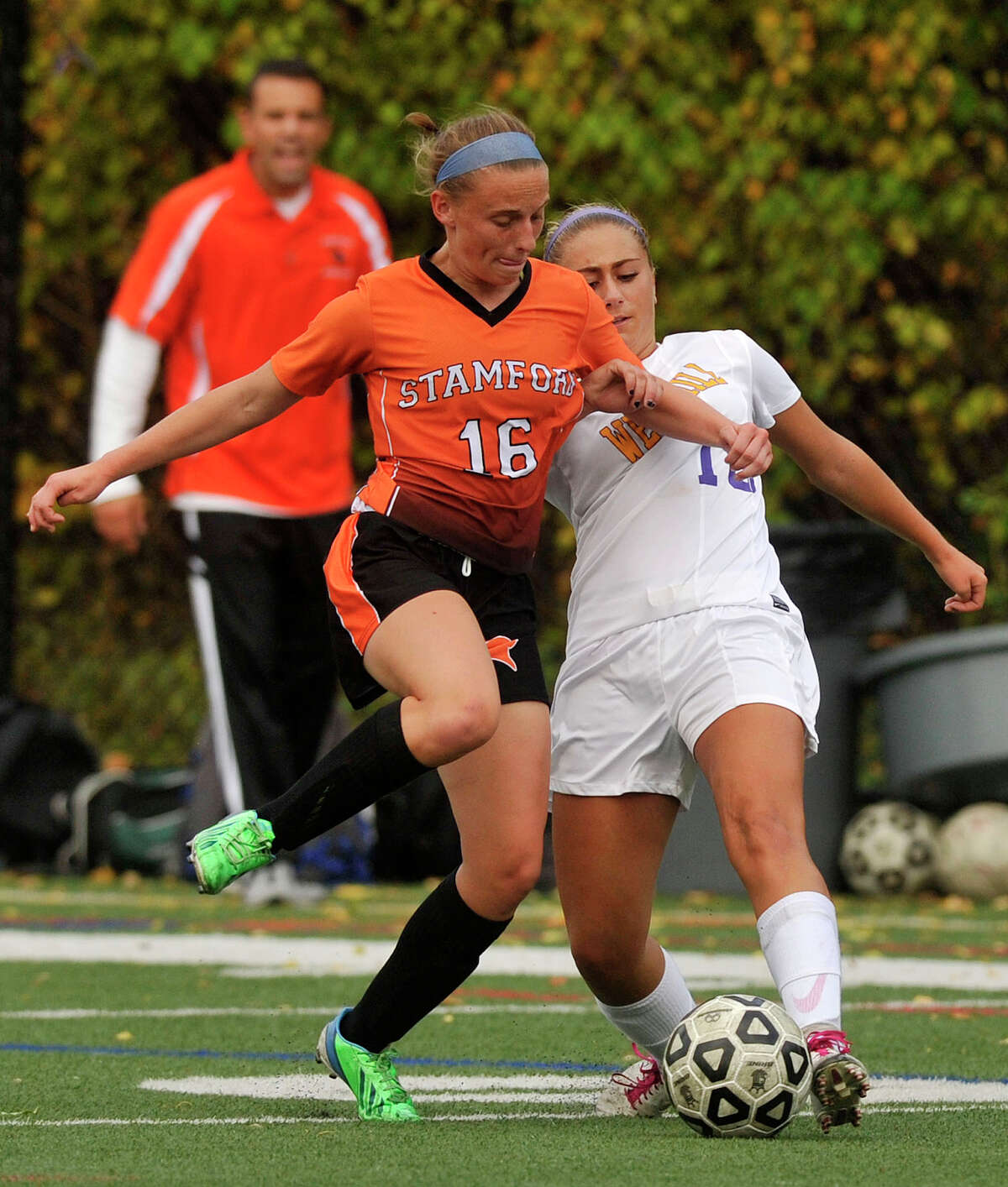 Stamford's Erica Stietzel and Westhill's Natalie Druehl compete for control of the ball during their game at Westhill High School in Stamford, Conn., on Tuesday, Oct. 14, 2014. Westhill won, 4-0.