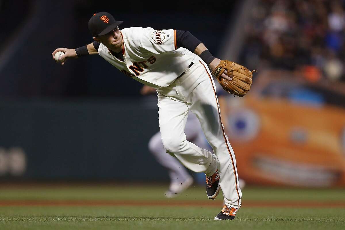 SAN FRANCISCO, CA - JUNE 13: Third baseman Matt Duffy #5 of the San Francisco Giants fields the ball and throws to first base in the fourth inning against the Milwaukee Brewers at AT&T Park on June 13, 2016 in San Francisco, California. (Photo by: Lachlan Cunningham/Getty Images)