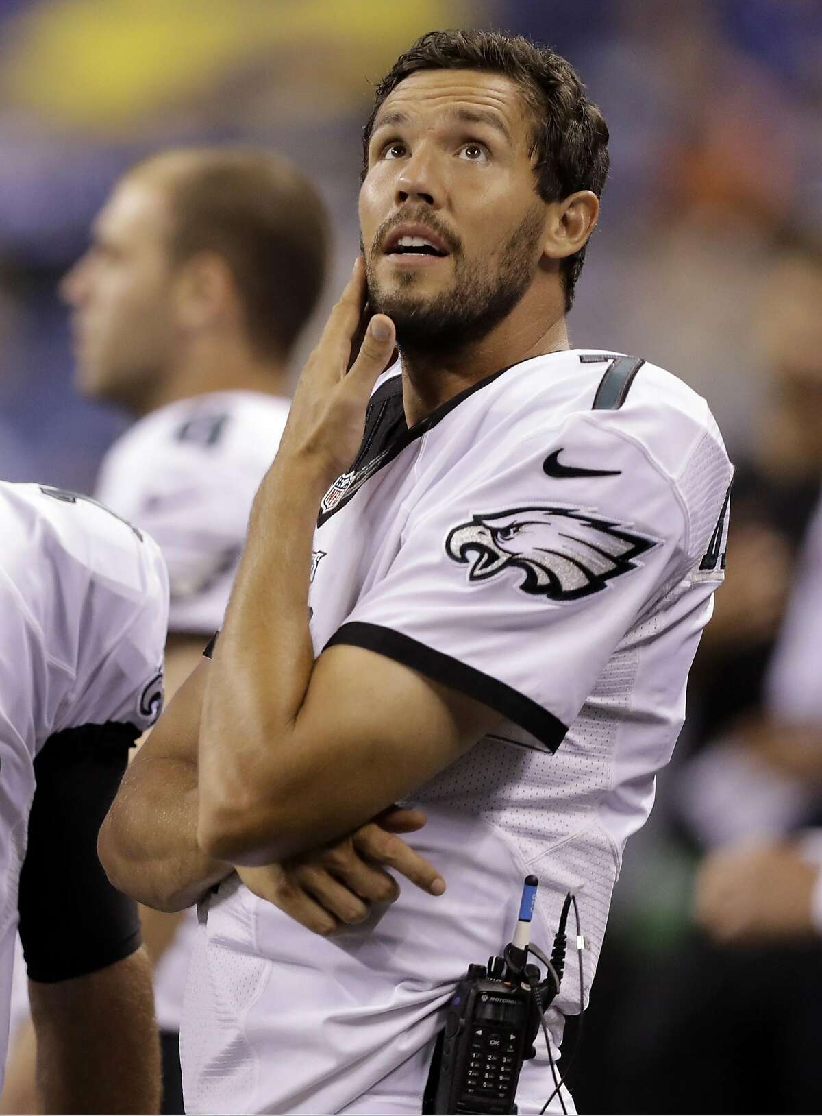 FILE - In this Saturday, Aug. 27, 2016, file photo, Philadelphia Eagles quarterback Sam Bradford watches from the sideline during the second half of an NFL preseason football game against the Indianapolis Colts in Indianapolis. The Eagles traded Bradford Saturday, Sept. 3, 2016, to the Minnesota Vikings for a pair of draft picks. Bradford replaces Teddy Bridgewater, who went down for the season after suffering a gruesome knee injury this week. The Eagles receive a first-round pick in 2017 and a fourth-round pick in 2018. (AP Photo/Darron Cummings, File)