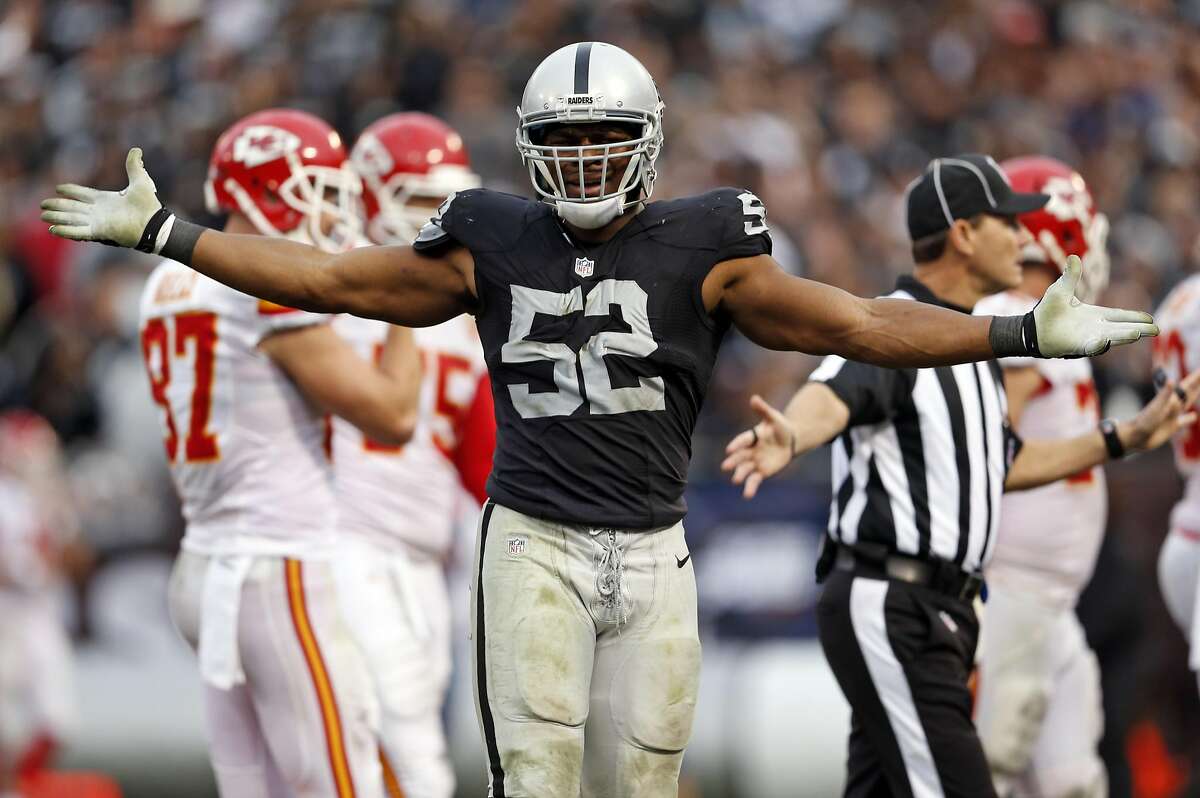 Oakland Raiders' Khalil Mack reacts to an official's call in 4th quarter during Kansas City Chiefs' 34-20 win in NFL game at O.co Coliseum in Oakland, Calif., on Sunday, December 6, 2015.
