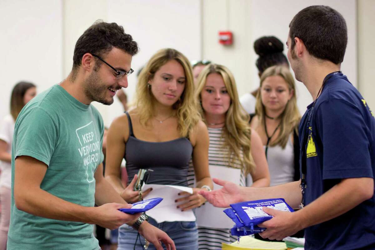 University at Albany students are trained how to administer Narcan, an opioid overdose antidote drug, on Thursday evening, Sept. 1, 2016, in Albany, N.Y. (Erin Nagy/UAlbany)
