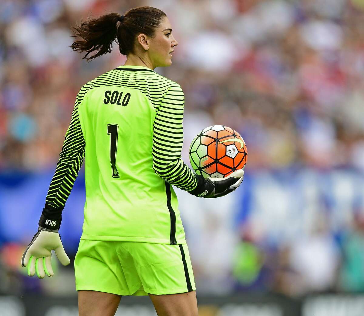 United States goal keeper Hope Solo holds the ball after a stop during the second half of an international friendly soccer match against Japan, Sunday, June 5, 2016, in Cleveland, Ohio. (AP Photo/David Dermer)