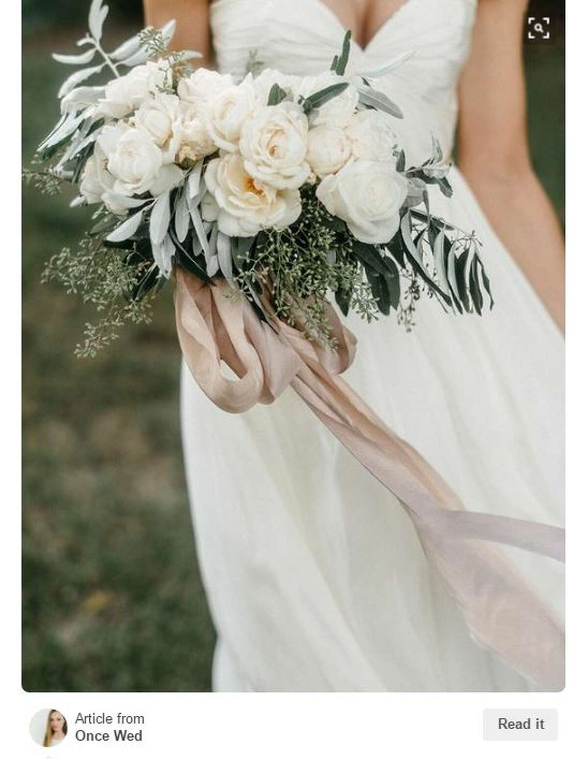 Neutral blooms, greenery, and flowing ribbon...swoon. Photo: Pinterest 