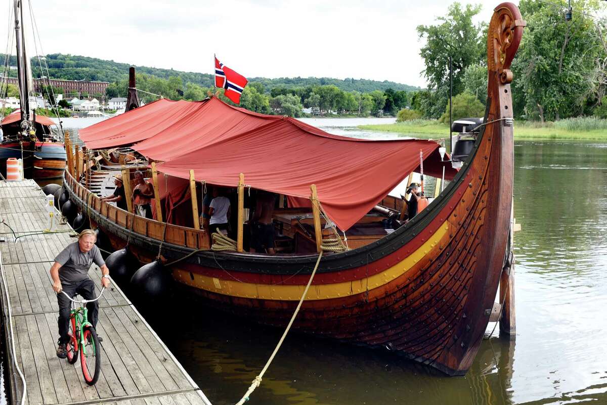 The Draken Harald Harfagre, the world's largest Viking ship sailing in modern times, arrives on Tuesday, Sept. 6, 2016, at Waterford Visitor Center in Waterford, N.Y. Starting from its home port, Haugesund, Norway, the Expedition America 2016 is sailing the route the Vikings sailed 1,000 years ago. (Cindy Schultz / Times Union)
