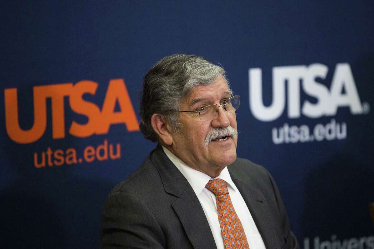 University President Ricardo Romo talks about his retirement during a news conference at the H-E-B University Center at the University of Texas at San Antonio in September 2016.