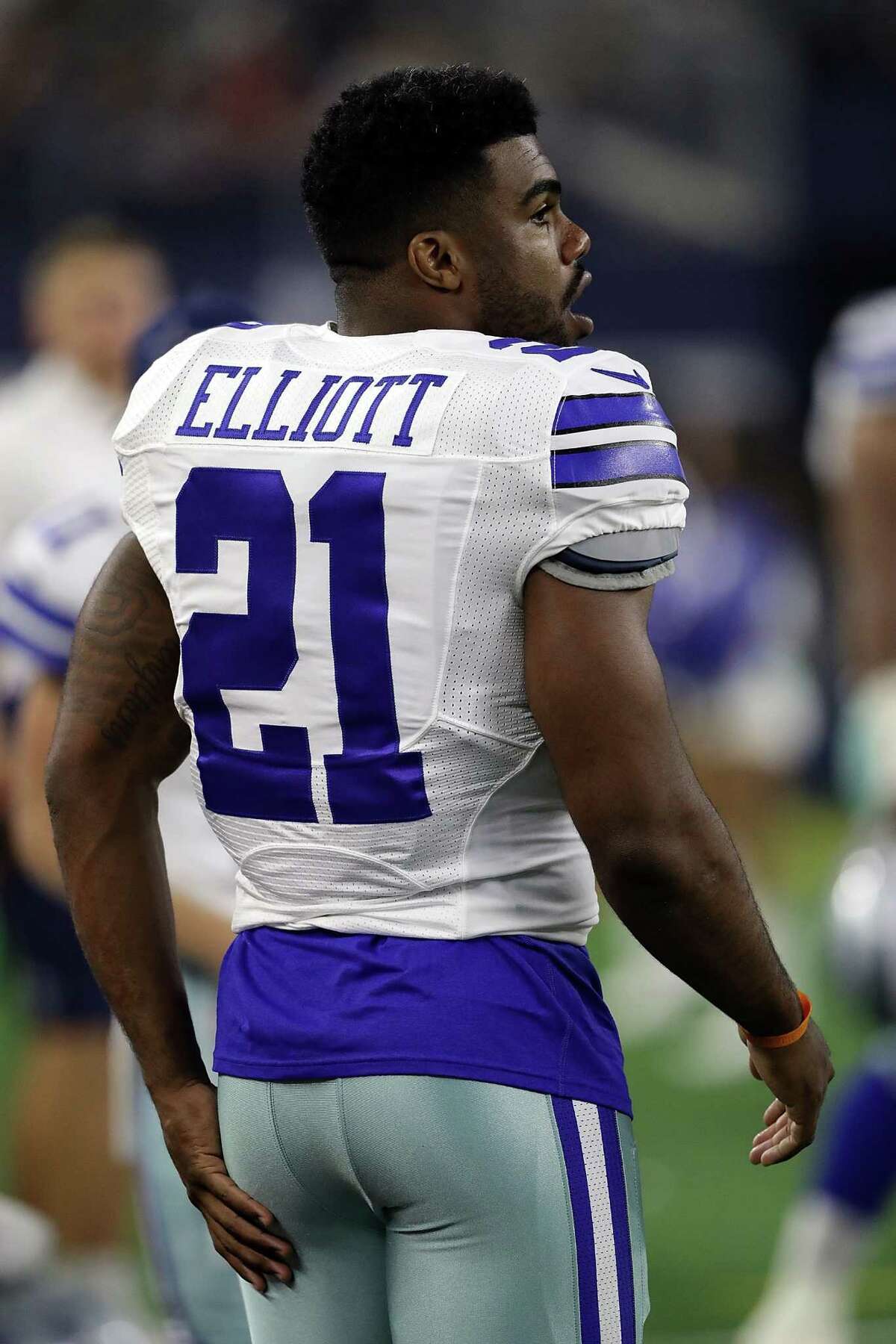 Ezekiel Elliott of the Dallas Cowboys on the sidelines during a preseason game against the Houston Texans at AT&T Stadium on Sept. 1, 2016 in Arlington.