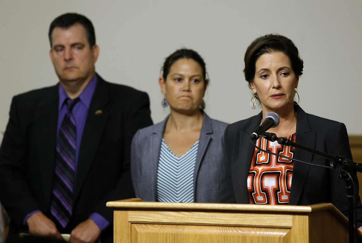Oakland Mayor Libby Schaaf, (right) is joined by Oakland police department deputy chief John Lois and and city administrator Sabrina Landreth as they hold a press conference to discuss the disciplinary actions against the Oakland police officers involved in the Celeste Guap sex scandal, at city hall in Oakland, Calif., on Wed. Sept. 7, 2016.