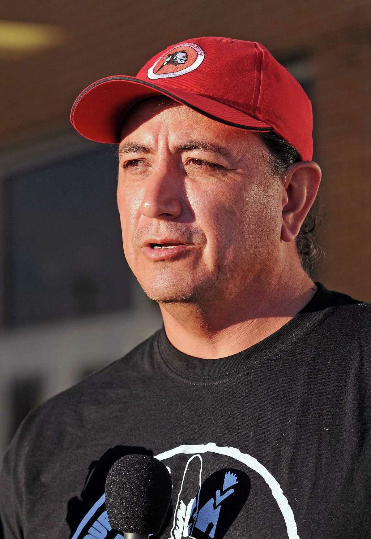 Standing Rock Sioux tribal chairman Dave Archambault II speaks during a news conference, Tuesday, Sept. 6, 2016 in Bismarck, N.D. An American Indian tribe succeeded Tuesday in getting a federal judge to temporarily stop construction on some, but not all, of a $3.8 billion four-state oil pipeline, but its broader request still hangs in the balance. (Tom Stromme/The Bismarck Tribune via AP)