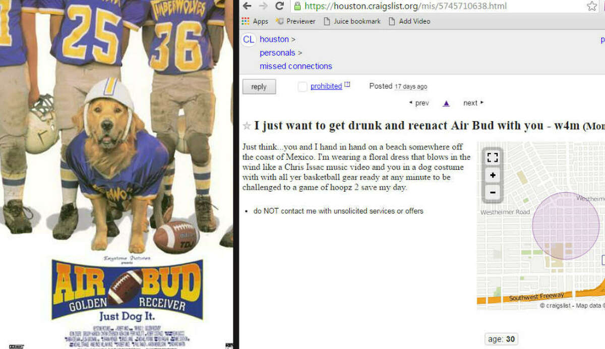 Someone posted on Craiglist's Missed Connections section, looking for someone to dress up in a dog costume and reenact "Air Bud." >>KEEP CLICKING FOR MORE ECCENTRIC CRAIGSLIST ADS Photo: Craigslist