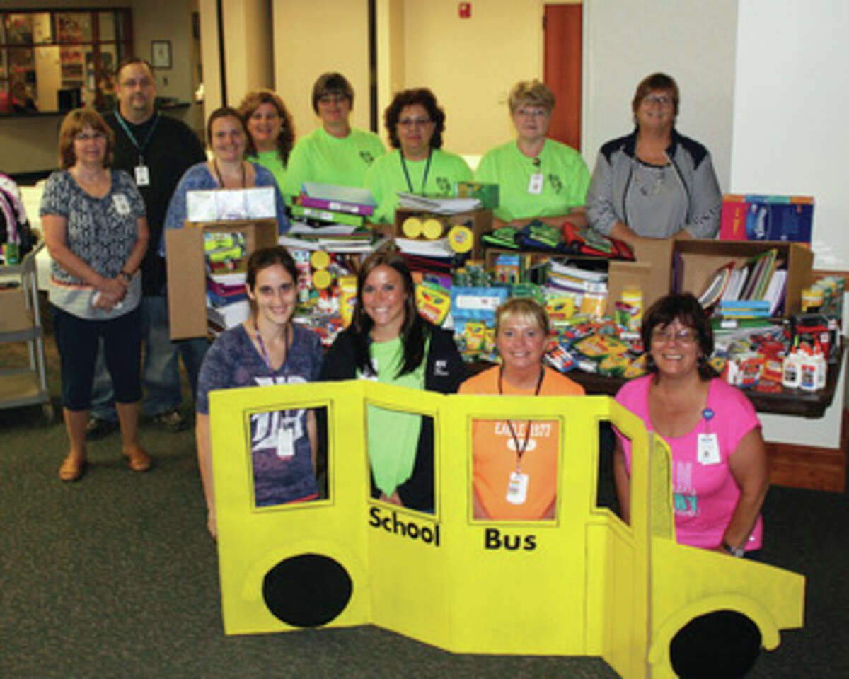 Hospital staff showcases supplies that were collected by Marlette Regional Hospital for Marlette Community Schools.