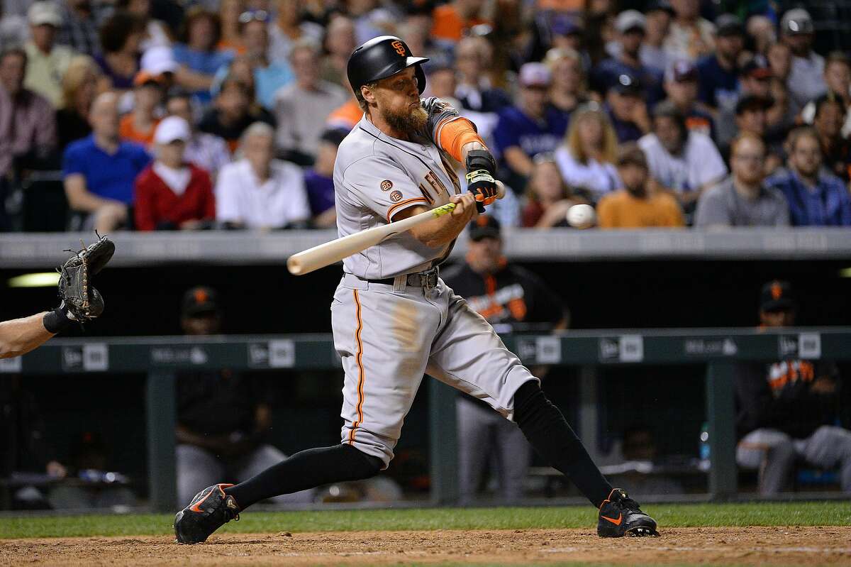 DENVER, CO - SEPTEMBER 7: Hunter Pence #8 the San Francisco Giants hits a double in the eighth inning against the Colorado Rockies at Coors Field on September 7, 2016 in Denver, Colorado. Colorado Rockies defeat the San Francisco Giants 6-5. (Photo by Bart Young/Getty Images)