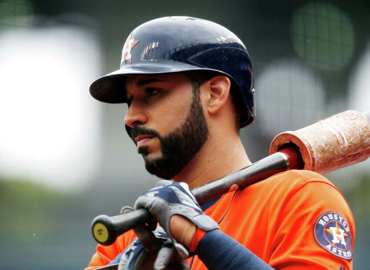 Houston Astros' Marwin Gonzalez waits to bat against the Cleveland Indians during the first inning of a baseball game Thursday, Sept. 8, 2016, in Cleveland. (AP Photo/Ron Schwane)