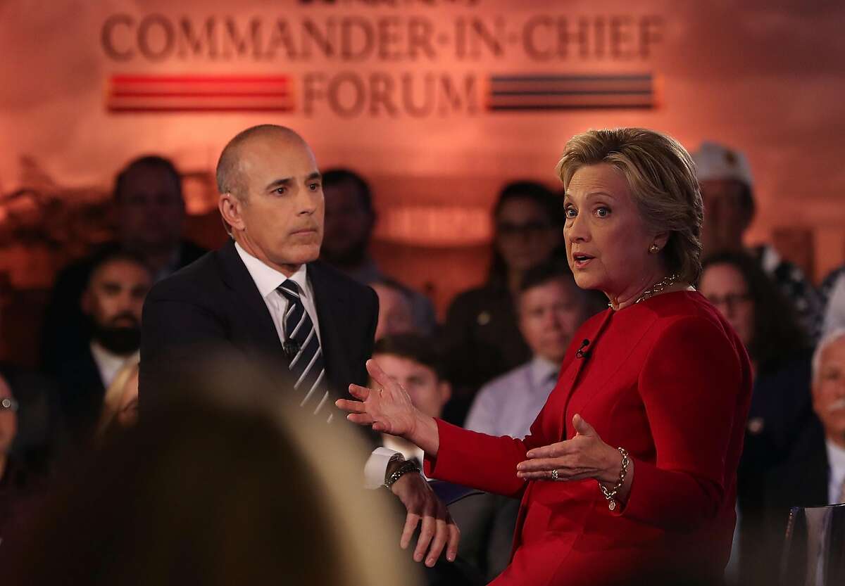 NEW YORK, NY - SEPTEMBER 07: Matt Lauer looks on as democratic presidential nominee former Secretary of State Hillary Clinton speaks during the NBC News Commander-in-Chief Forum on September 7, 2016 in New York City. Hillary Clinton and republican presidential nominee Donald Trump are participating in the NBC News Commander-in-Chief Forum. (Photo by Justin Sullivan/Getty Images)