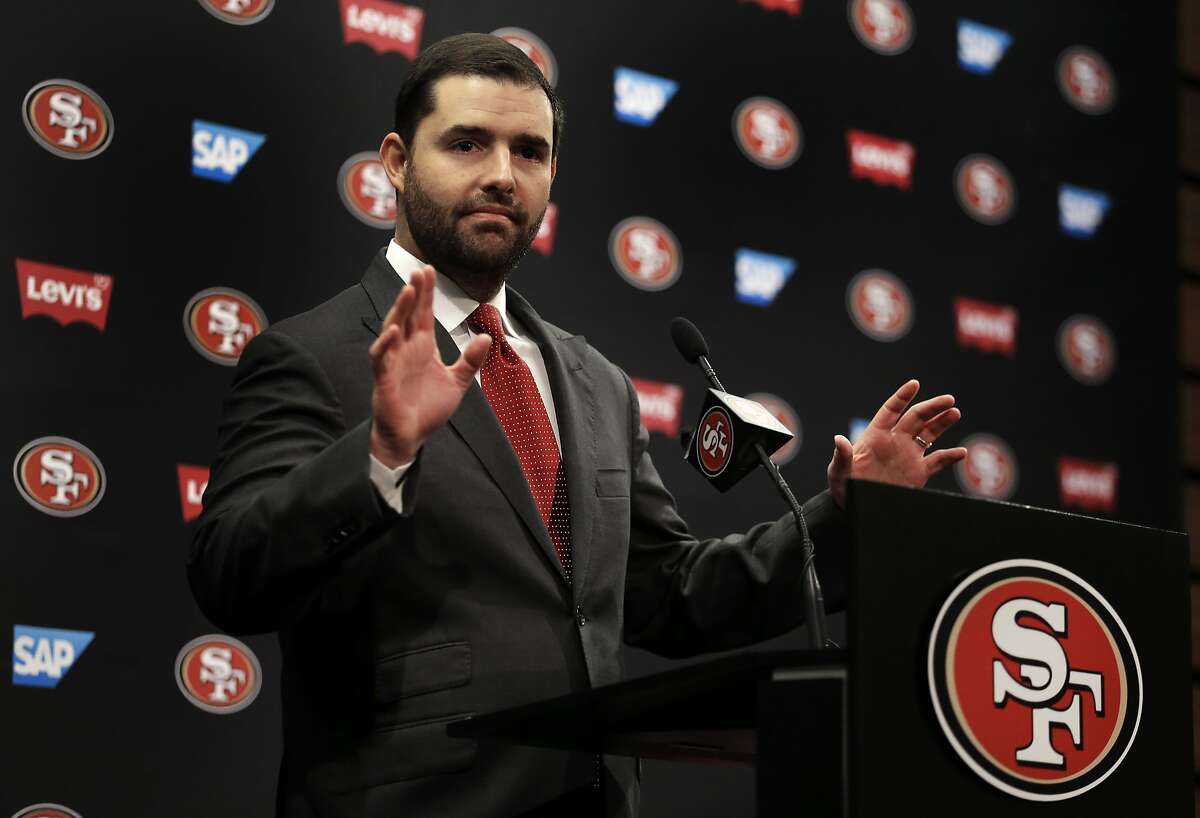 San Francisco 49ers Chief Executive Officer Jed York gestures while speaking to reporters during a media conference Monday, Jan. 4, 2016, in Santa Clara, Calif. York answered questions regarding the announcement that Jim Tomsula has been relieved of his head coaching duties. (AP Photo/Ben Margot)