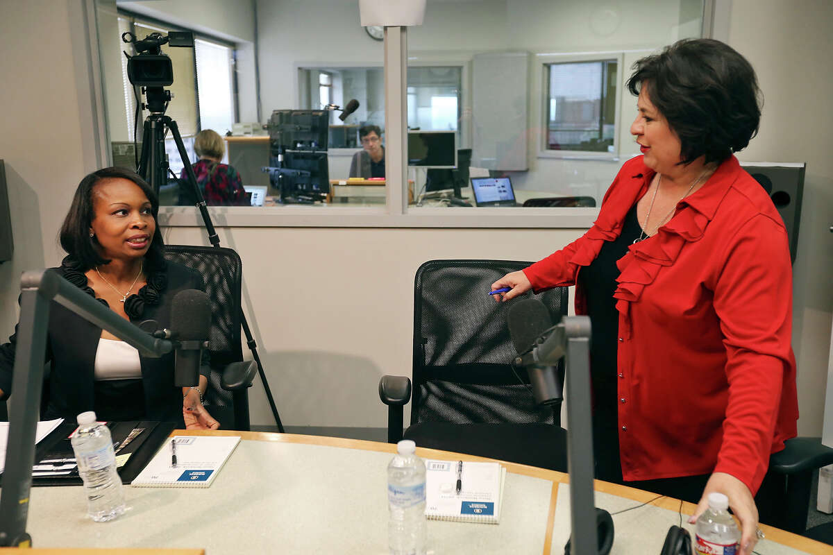 San Antonio mayoral candidates Mayor Ivy Taylor (left) and former state Sen. Leticia Van de Putte prepare for a debate hosted by Texas Public Radio Monday June 1, 2015 at the Texas Public Radio studios. The mayoral runoff election is June 13.