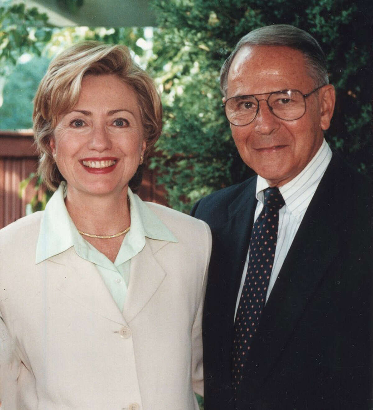 Hillary Rodham Clinton at the Westport Country Playhouse on July 16, 2000, for a fundraiser and concert. Interviewing Mrs. Clinton is Westport News columnist Woody Klein. The concert by Tom Chapin, folk singer/songwriter, children's music maker, Grammy winner, and social activist, was sponsored by Westporters Bob and Yvette Rose, longtime friends of and major fundraisers for the Clintons. Mrs. Clinton successfully served in the U.S. Senate from New York State from 2001 to 2009.