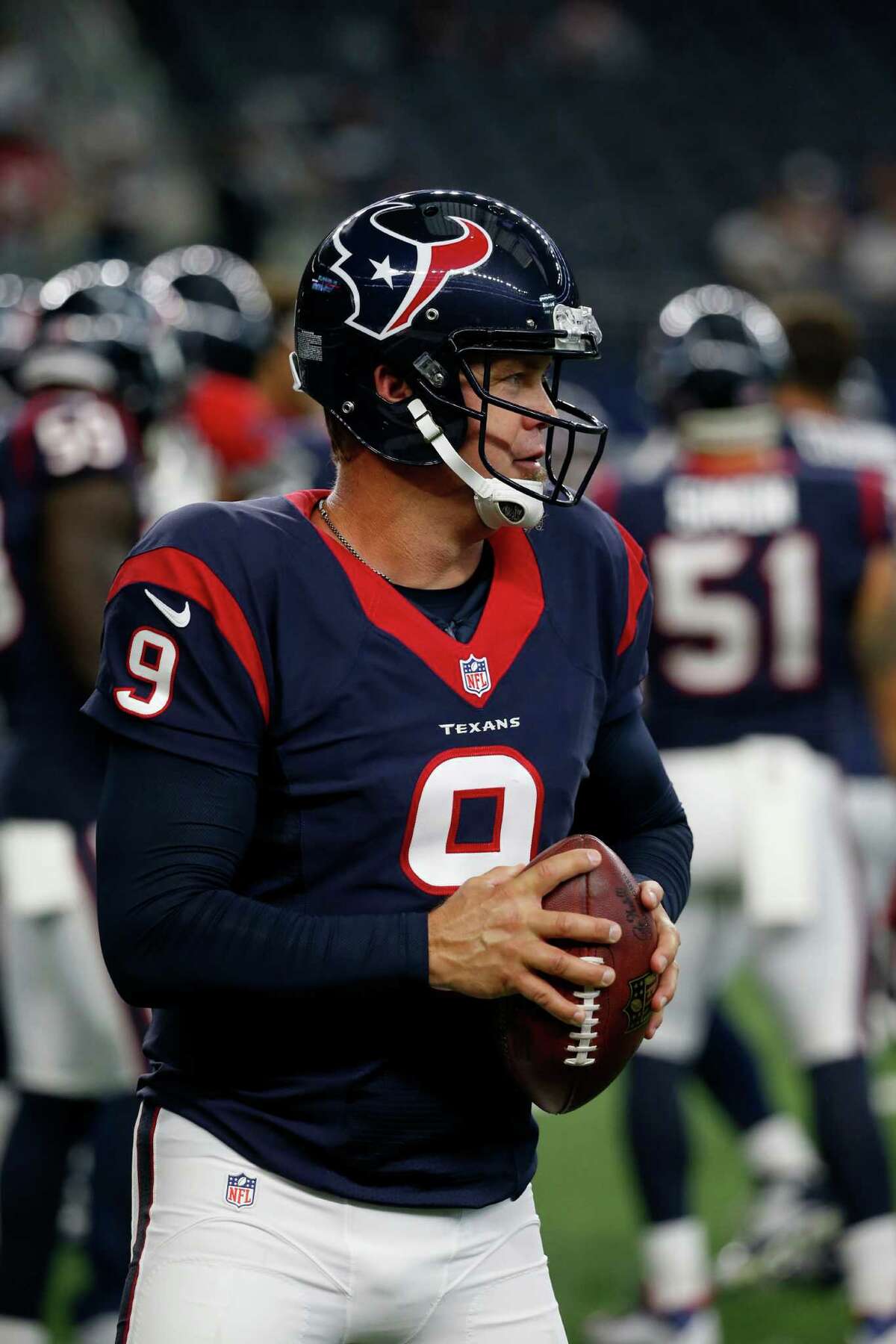 Houston Texans punter Shane Lechler (9) throws a pass in warm ups