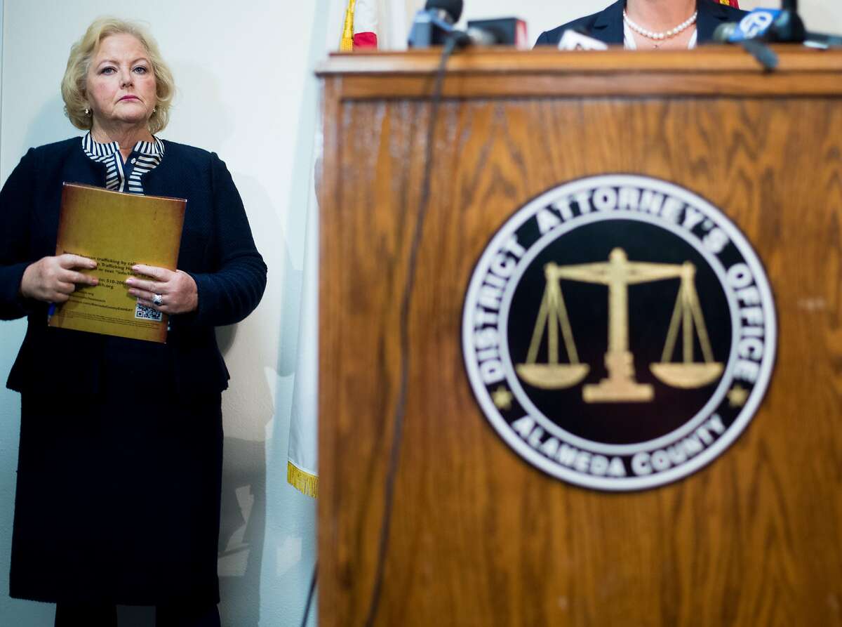 Alameda County District Attorney Nancy O’Malley attends a news conference where she announced hat her office plans to charge seven current or former police officers for crimes related to a sexually exploited teenager who goes by Celeste Guap on Friday, Sept. 9, 2016, in Oakland, Calif.