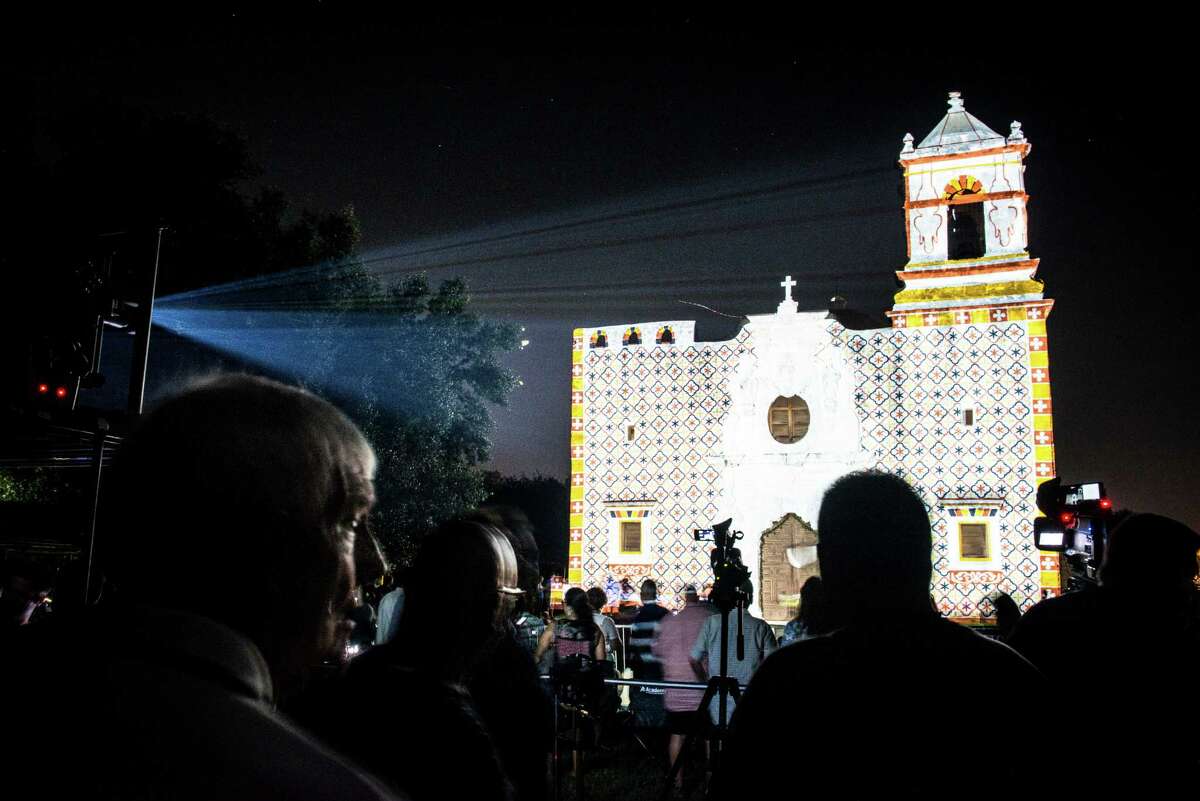Projections light up Mission San Jose during the "Restored by Light" presentation in San Antonio, Texas on Friday, September 9, 2016. Mission San Jose’s was "Restored by Light" to its original frescoed façade using projection technology as part of the World Heritage Festival and in celebration of 100 years of the National Park Service.