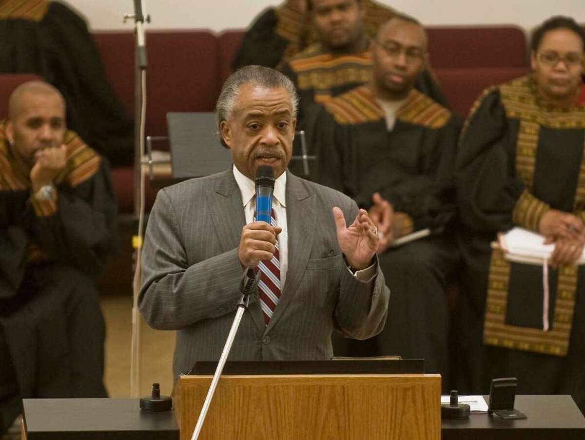 Al Sharpton speaks in front of the choir at the New Hope Baptist Church’s 115th anniversary service. Sunday, May 2, 2010