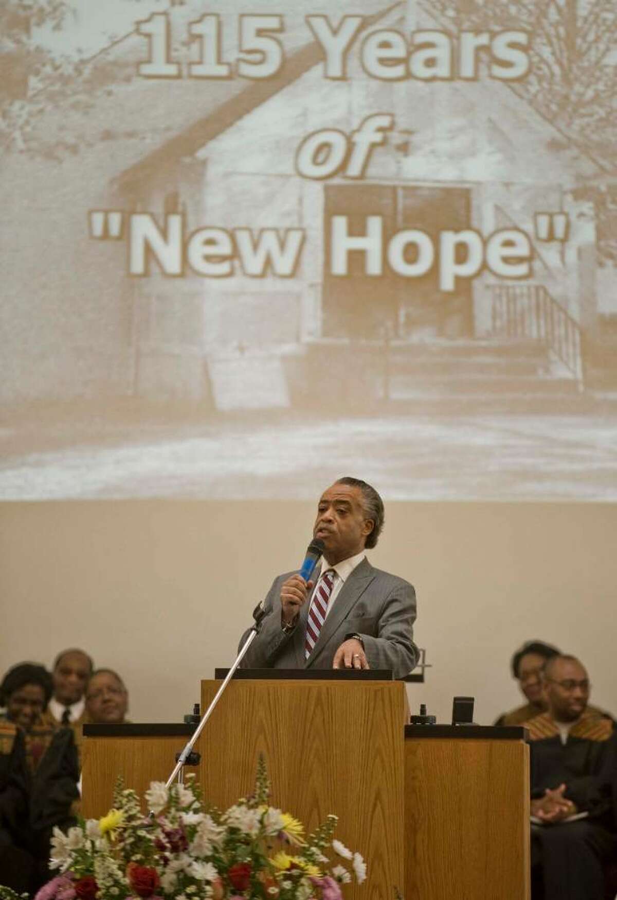 Al Sharpton talks to the congregation as the featured speaker at the New Hope Baptist Church’s 115th anniversary service. Sunday, May 2, 2010