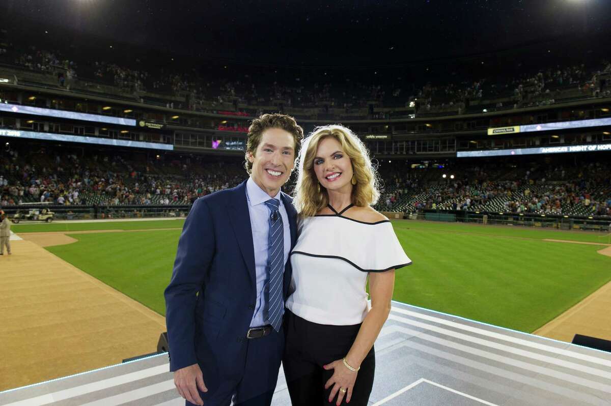 Joel and Victoria Osteen at Comerica Park in Detroit for "America's Night of Hope," which airs on the Hallmark Channel Sunday evening.