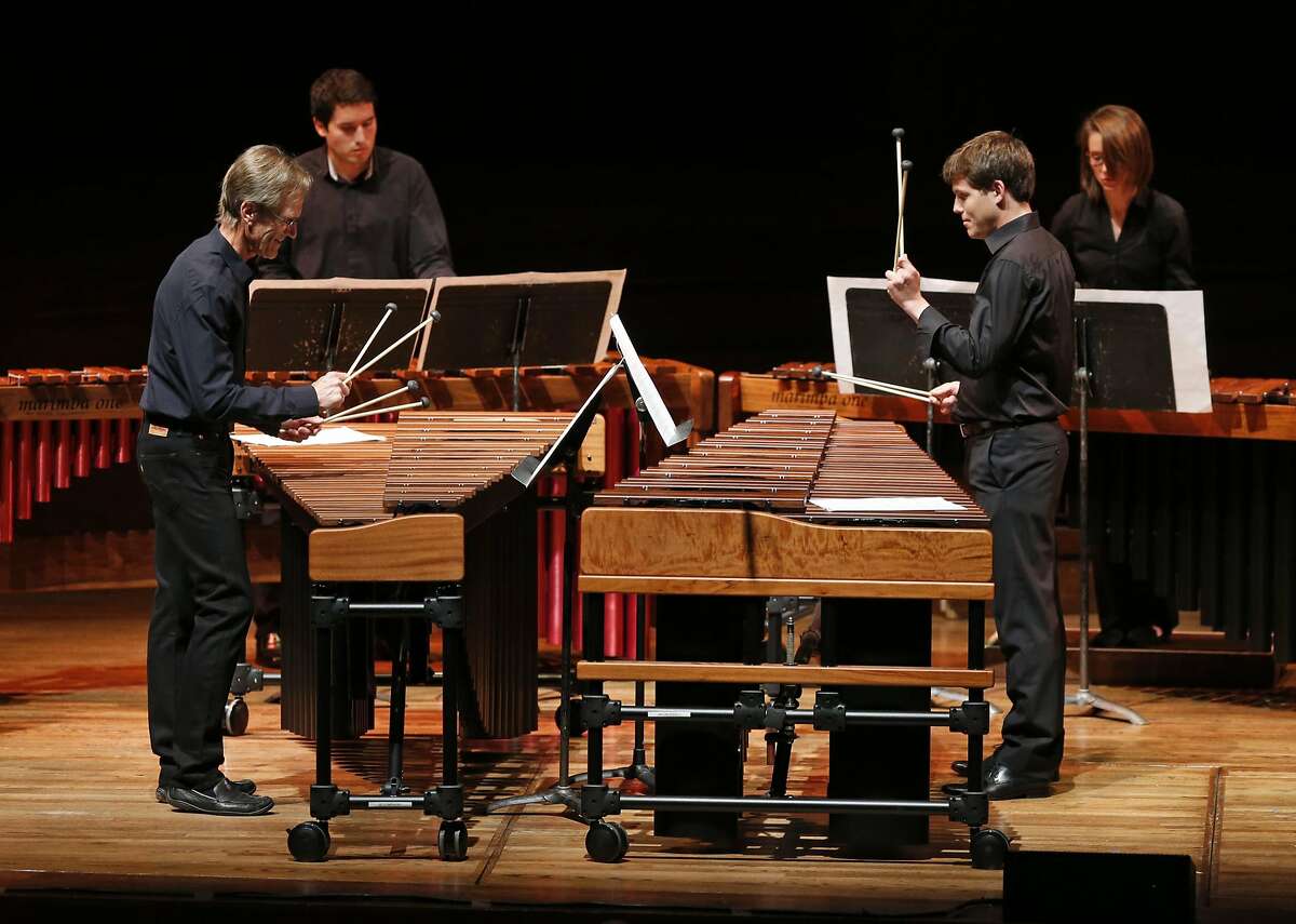 Jack Van Geem (left) and Jacob Nissly (right) play Six Marimbas during concert to celebrate 80th birthday of composer Steve Reich at Davies Symphony Center in San Francisco, Calif., on Sunday, September 11, 2016.