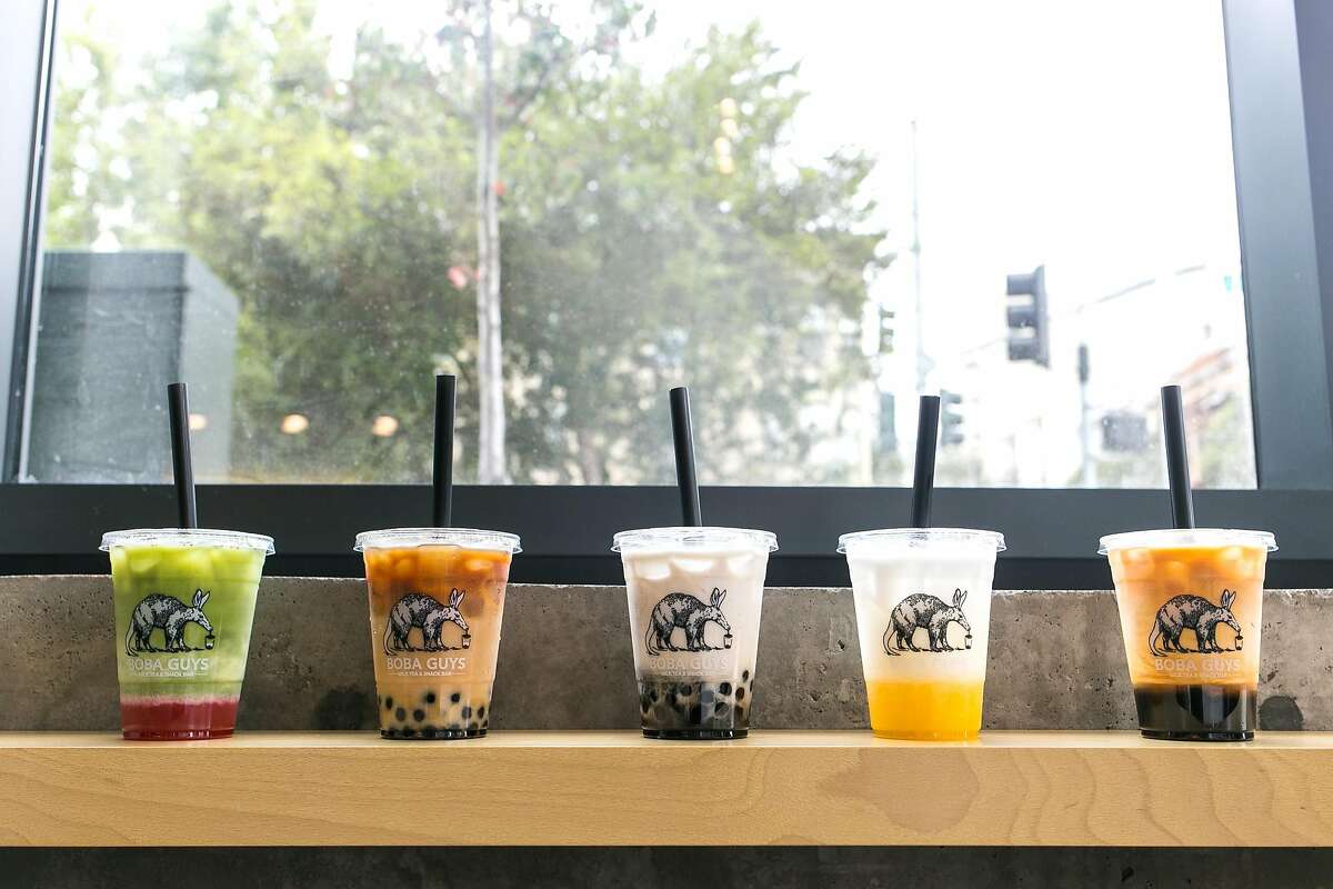 A variety of teas from Boba Guys in S.F. From left: Strawberry Matcha, Dirty Horchata, Black Sesame, Mango Coconut, and Classic Milk Tea.