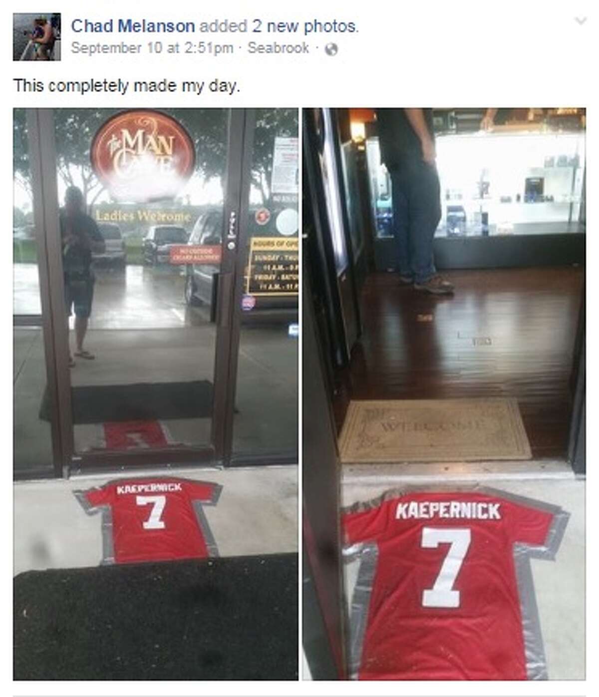 The Man Cave Cigar Lounge in League City is going viral on social media thanks to a new doormat made from a Colin Kaepernick jersey.