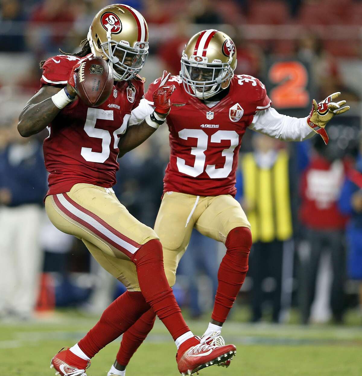 San Francisco 49ers' Ray-Ray Armstrong celebrates his 3rd quarter interception with Rashard Robinson during 28-0 win over Los Angeles Rams during NFL game at Levi's Stadium in Santa Clara, Calif., on Monday, September 12, 2016.