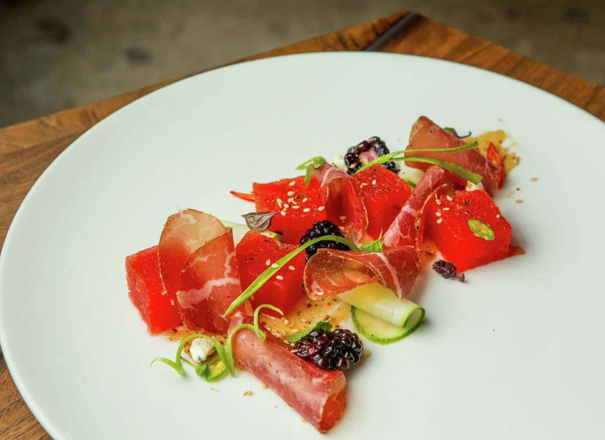 Bresaola with compressed watermelon and cucumber paneer at Underbelly