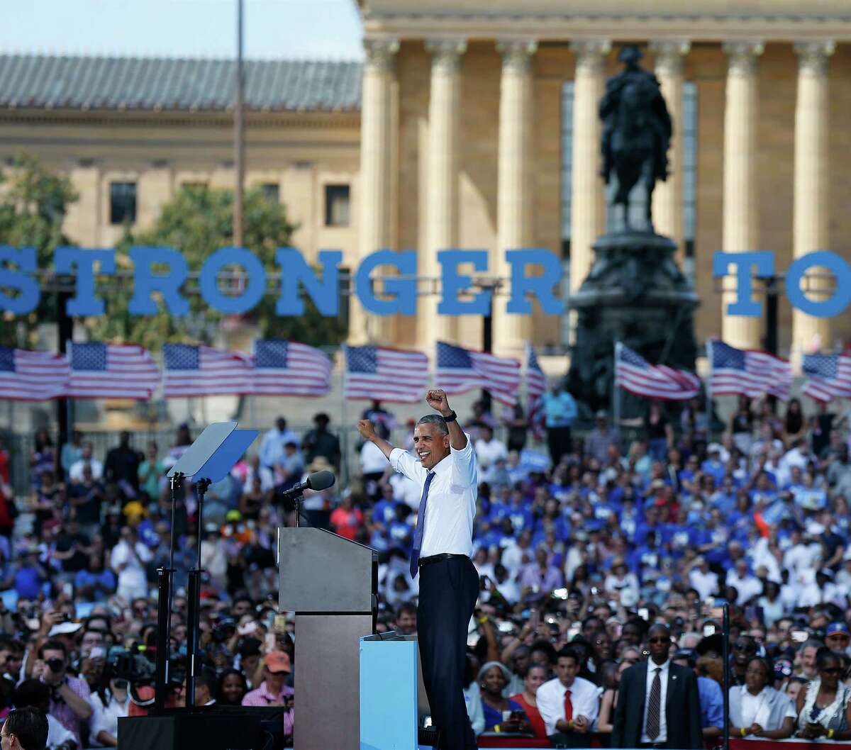 President Barack Obama talks about "running the 'Rocky' steps" at a rally Tuesday in Philadelphia. He said Hillary Clinton "just keeps on going and she doesn't stop caring."