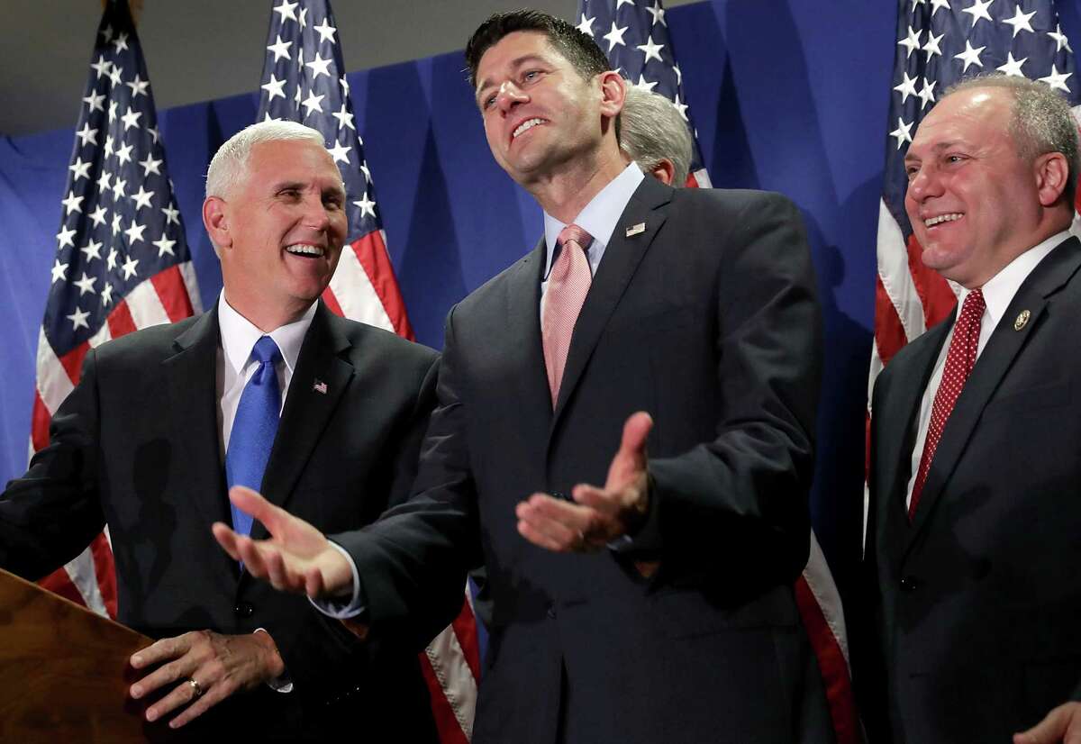 The public smiles of Republican vice presidential candidate Gov. Mike Pence, left, joins Speaker of the House Paul Ryan, House Majority Whip Steve Scalise masked tense private talks on Tuesday about Donald Trump, sources said.